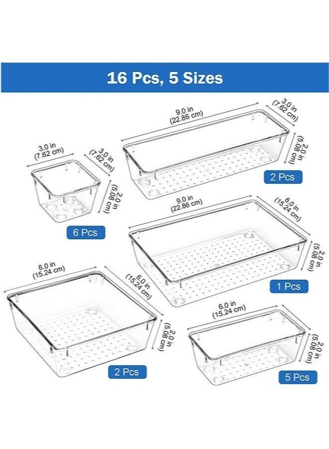 كيلا منظمات الأدراج المنزلية المثالية 16 قطعة من منظمات الأدراج مقسمة إلى أجزاء ( مجموعة صواني تخزين بلاستيكية شفافة، مقسمات أدراج الحمام، صواني الزينة، منظم لغرفة النوم، خزانة الملابس، أدوات المطبخ، المكتب ) - Image 2